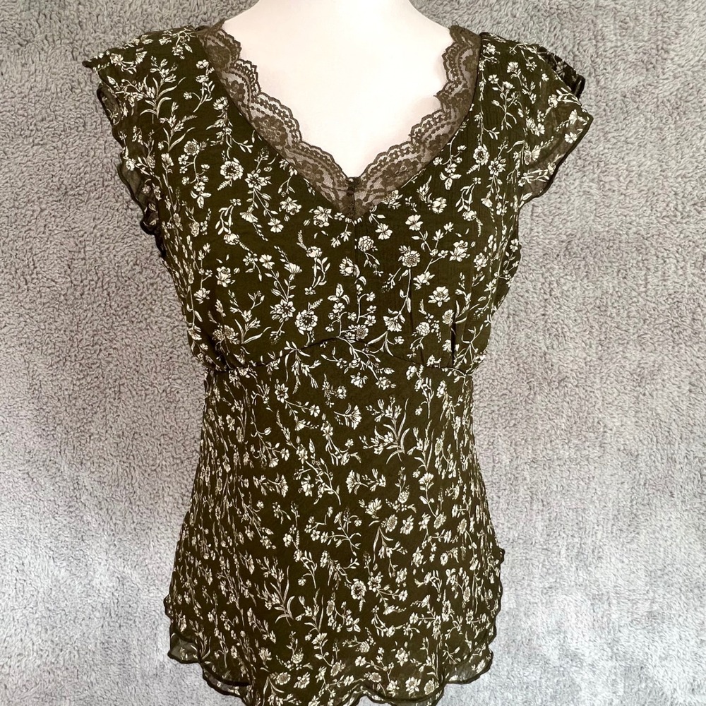 Babydoll Lace Trim Top Green XS Maurice's Flutter Sleeve